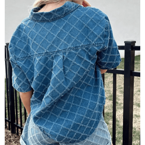 Taylyn Dusk Blue Checkered Textured Short Sleeve Patched Pocket Denim Shirt