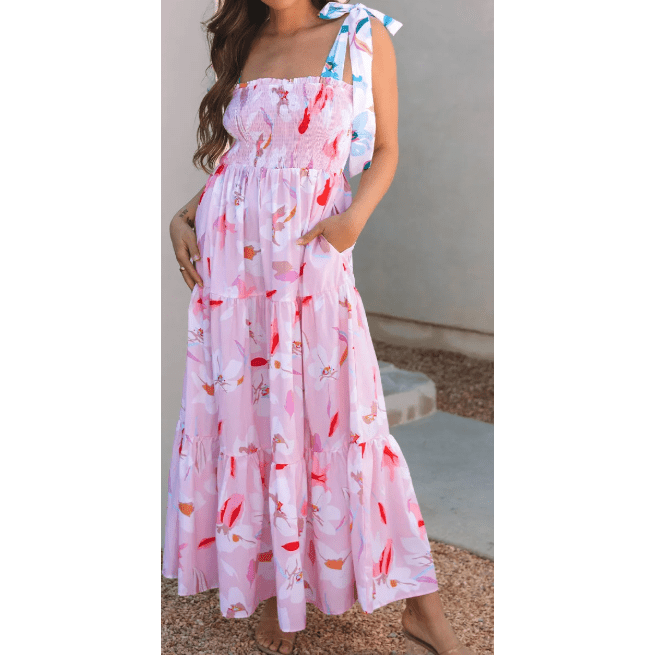 Baylie Pink Floral Print Knotted Shoulder Smocked Maxi Dress