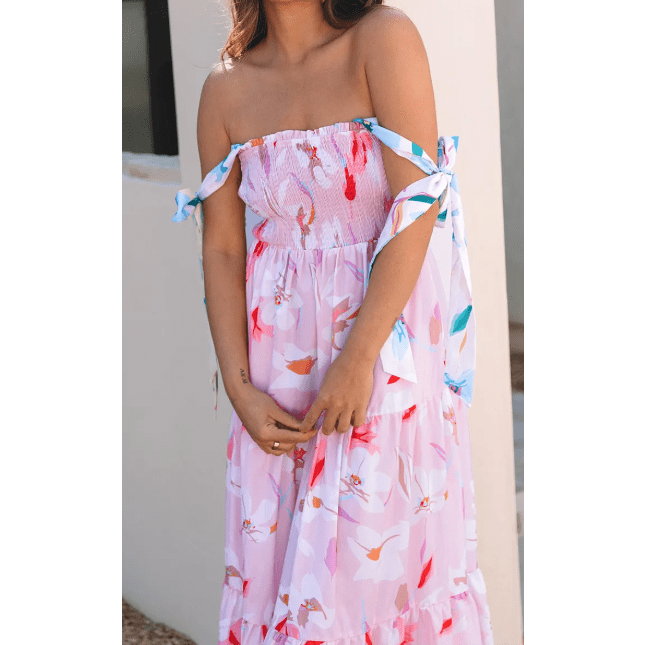 Baylie Pink Floral Print Knotted Shoulder Smocked Maxi Dress