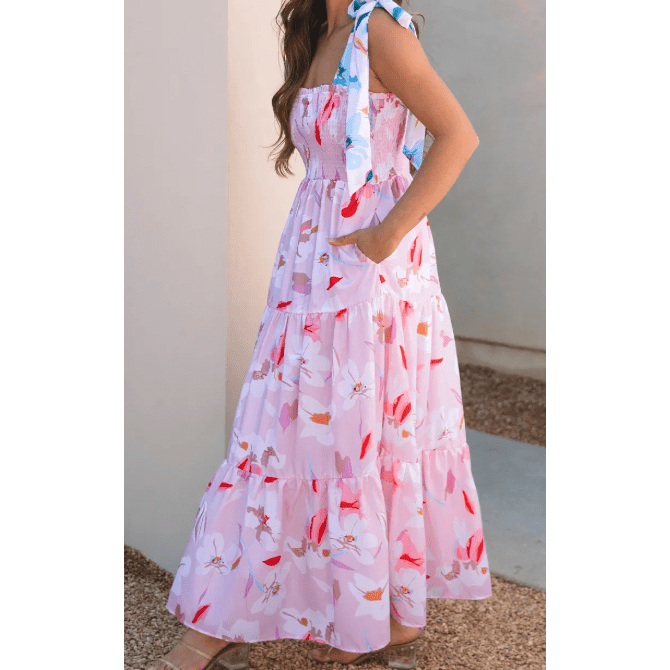 Baylie Pink Floral Print Knotted Shoulder Smocked Maxi Dress