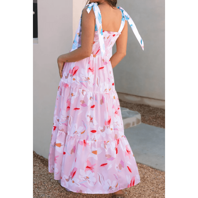 Baylie Pink Floral Print Knotted Shoulder Smocked Maxi Dress