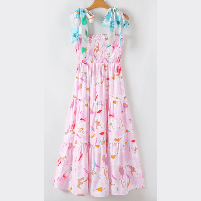 Baylie Pink Floral Print Knotted Shoulder Smocked Maxi Dress