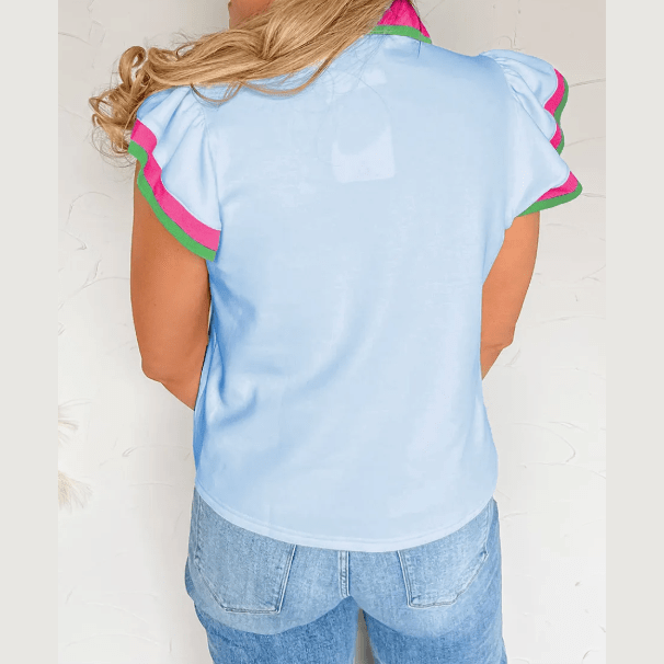 Rayne Beau Blue Color Contrast Ruffled Sleeve Collared V Neck Blouse
