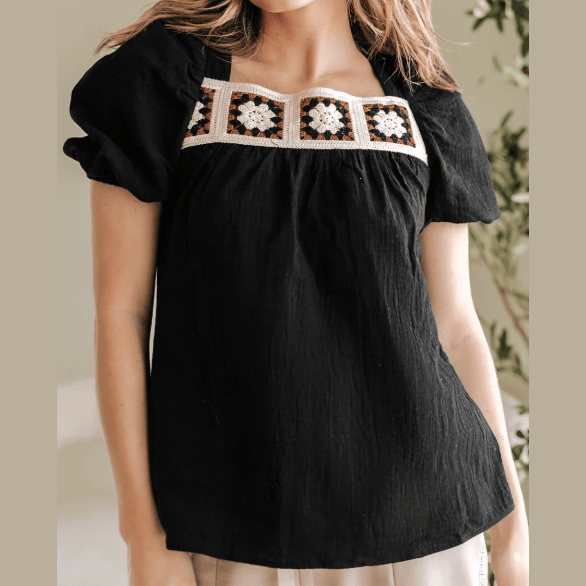 Rebekah Black Flower Crochet Square Neck Textured Short Sleeve Blouse