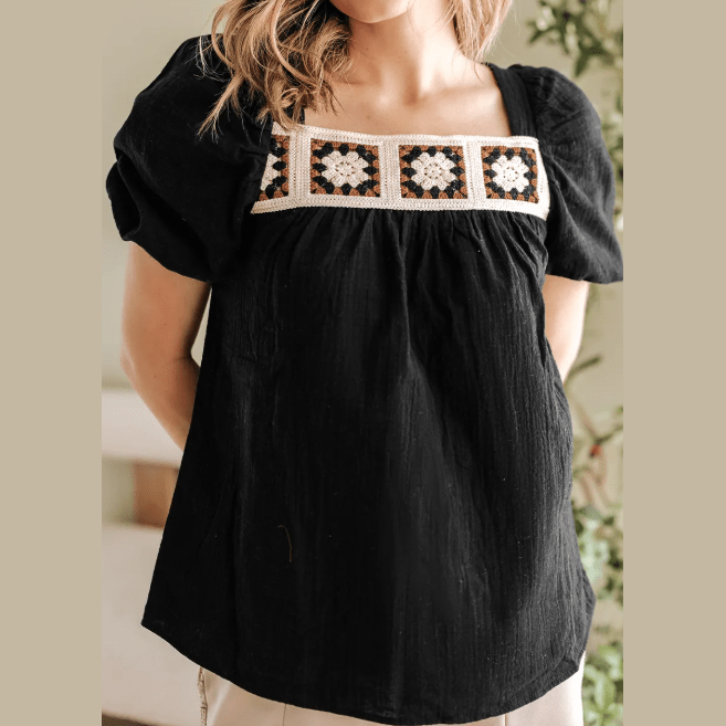 Rebekah Black Flower Crochet Square Neck Textured Short Sleeve Blouse