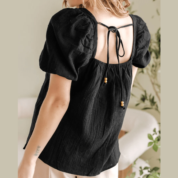 Rebekah Black Flower Crochet Square Neck Textured Short Sleeve Blouse