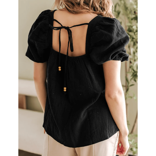 Rebekah Black Flower Crochet Square Neck Textured Short Sleeve Blouse