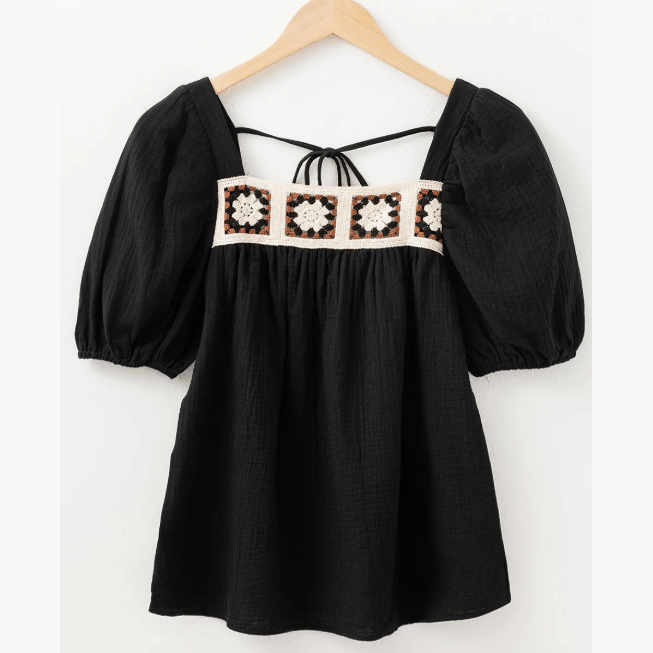 Rebekah Black Flower Crochet Square Neck Textured Short Sleeve Blouse