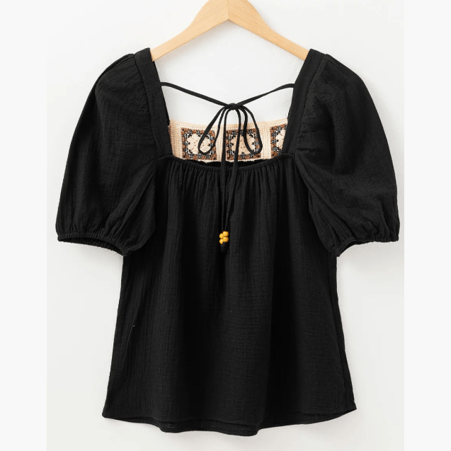 Rebekah Black Flower Crochet Square Neck Textured Short Sleeve Blouse