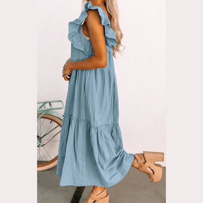 Sarah Sky Blue Ruffled Flutter Sleeve Square Neck Textured Tiered Maxi Dress