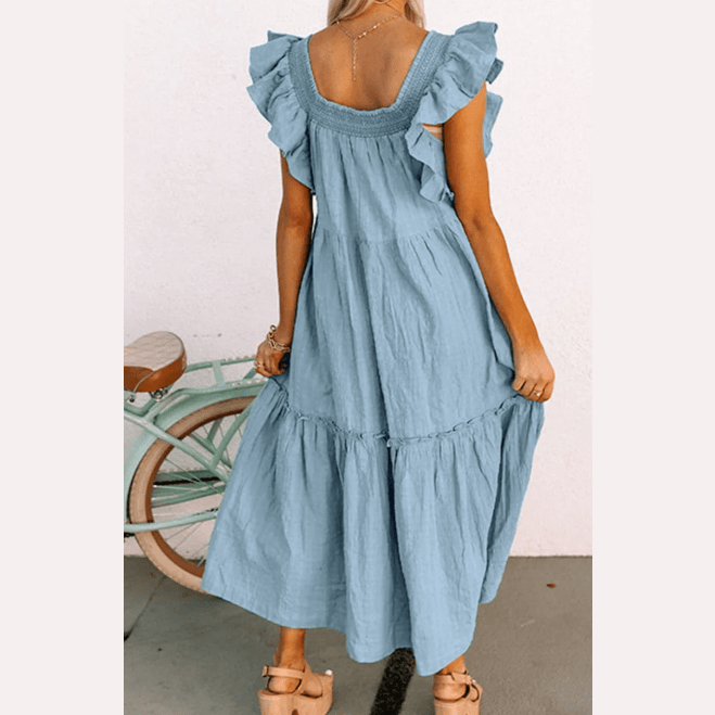 Sarah Sky Blue Ruffled Flutter Sleeve Square Neck Textured Tiered Maxi Dress