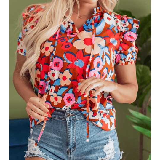 REDUCED!!! Danica Flower Print Self Tie Frilled Collar Puff Sleeve Blouse REDUCED!!!