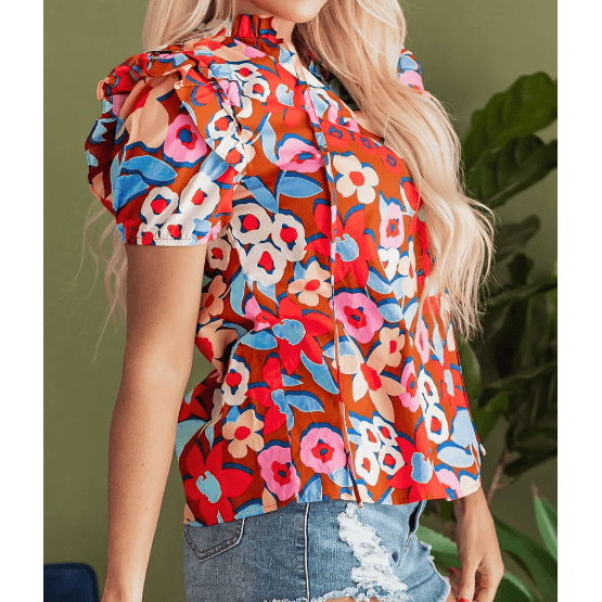 REDUCED!!! Danica Flower Print Self Tie Frilled Collar Puff Sleeve Blouse REDUCED!!!