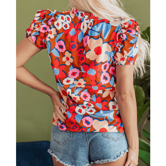 REDUCED!!! Danica Flower Print Self Tie Frilled Collar Puff Sleeve Blouse REDUCED!!!