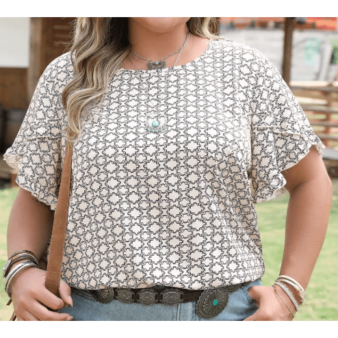 Becca Jo Khaki PLUS SIZE Geometric Print Ruffled Sleeve Blouse