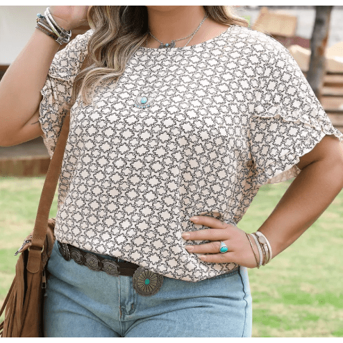 Becca Jo Khaki PLUS SIZE Geometric Print Ruffled Sleeve Blouse