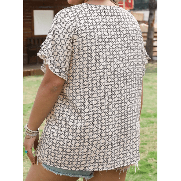 Becca Jo Khaki PLUS SIZE Geometric Print Ruffled Sleeve Blouse