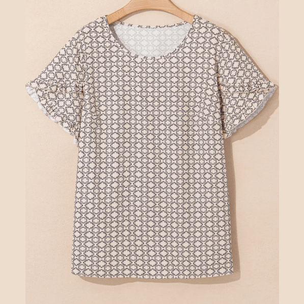 Becca Jo Khaki PLUS SIZE Geometric Print Ruffled Sleeve Blouse