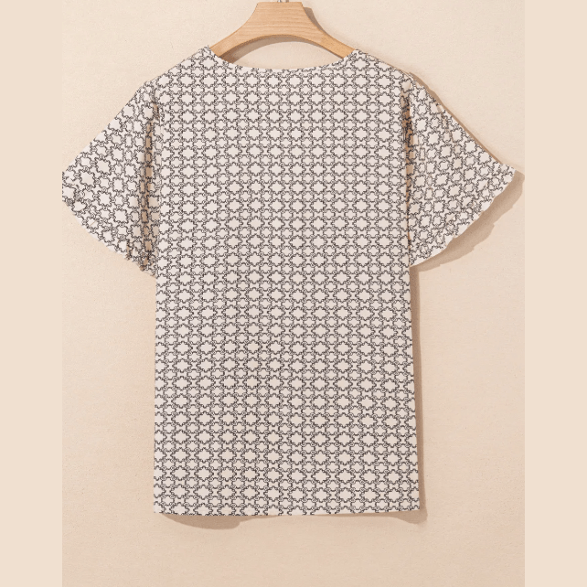 Becca Jo Khaki PLUS SIZE Geometric Print Ruffled Sleeve Blouse