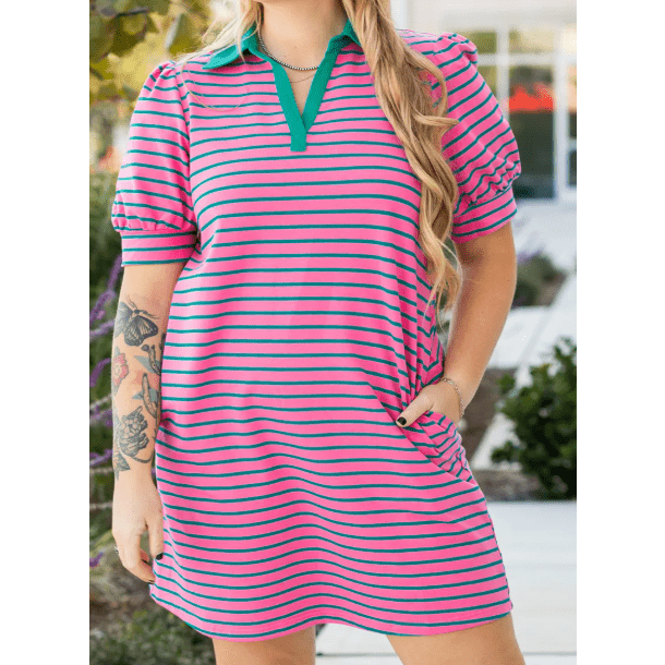 Daniella Pink Stripe Collared V Neck Puff Sleeve Shift PLUS SIZE T Shirt Dress with Pockets