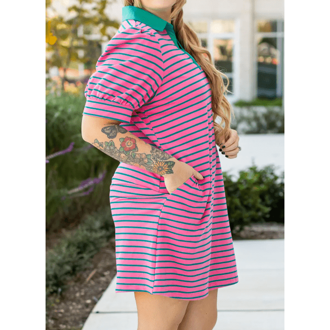 Daniella Pink Stripe Collared V Neck Puff Sleeve Shift PLUS SIZE T Shirt Dress with Pockets
