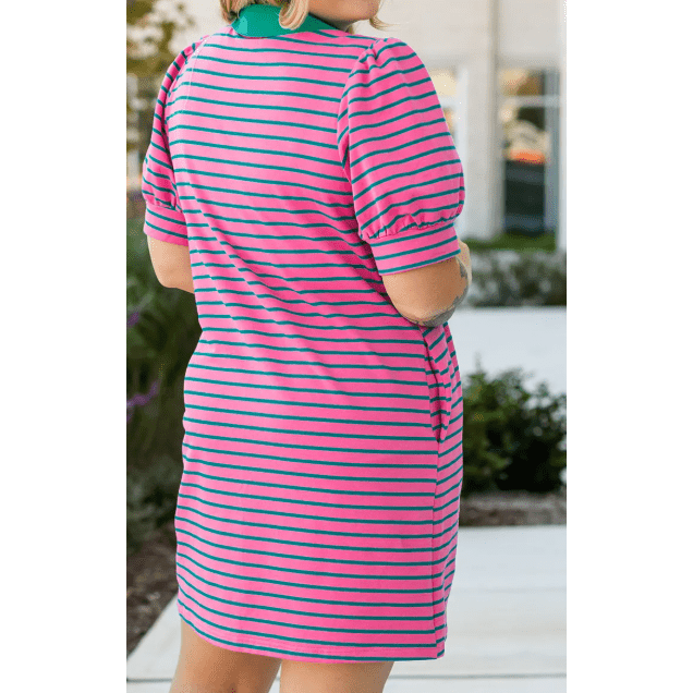 Daniella Pink Stripe Collared V Neck Puff Sleeve Shift PLUS SIZE T Shirt Dress with Pockets