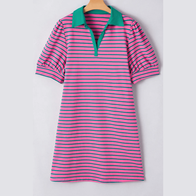 Daniella Pink Stripe Collared V Neck Puff Sleeve Shift PLUS SIZE T Shirt Dress with Pockets