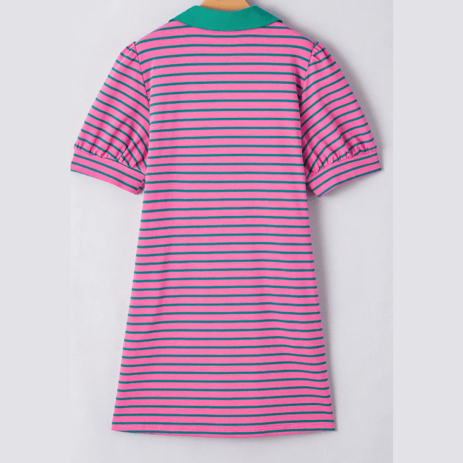 Daniella Pink Stripe Collared V Neck Puff Sleeve Shift PLUS SIZE T Shirt Dress with Pockets