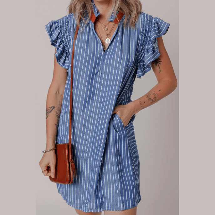 Chamagne Sky Blue Stripe Frilly Split Neck Shirred Ruffle Sleeve Short Shift Dress
