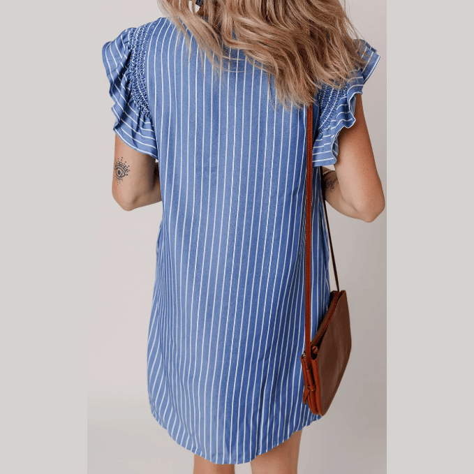 Chamagne Sky Blue Stripe Frilly Split Neck Shirred Ruffle Sleeve Short Shift Dress