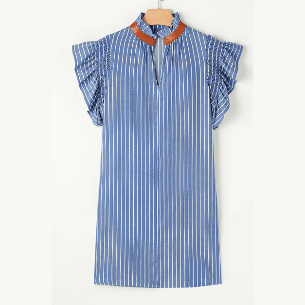 Chamagne Sky Blue Stripe Frilly Split Neck Shirred Ruffle Sleeve Short Shift Dress