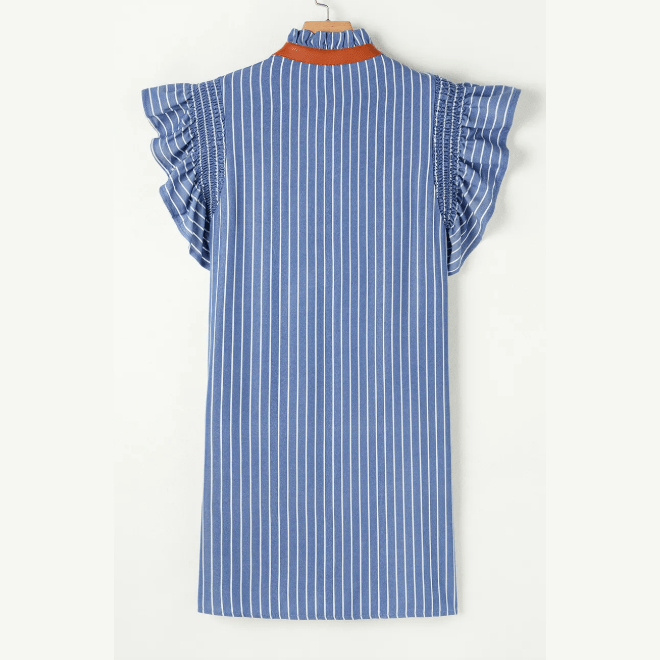 Chamagne Sky Blue Stripe Frilly Split Neck Shirred Ruffle Sleeve Short Shift Dress