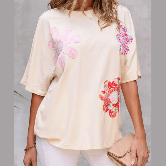 Dovie Apricot Flower Patched Exposed Stitching Trim Crew Neck Loose Tee