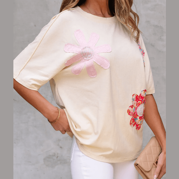 Dovie Apricot Flower Patched Exposed Stitching Trim Crew Neck Loose Tee