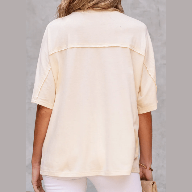 Dovie Apricot Flower Patched Exposed Stitching Trim Crew Neck Loose Tee
