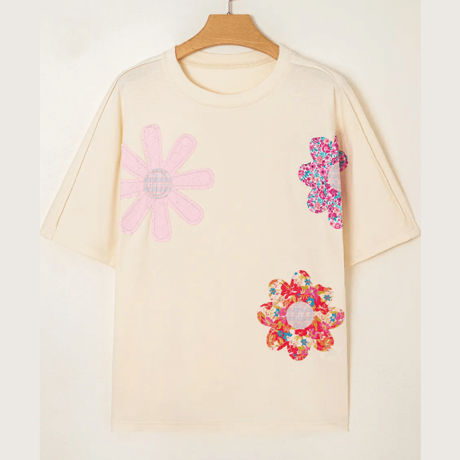 Dovie Apricot Flower Patched Exposed Stitching Trim Crew Neck Loose Tee