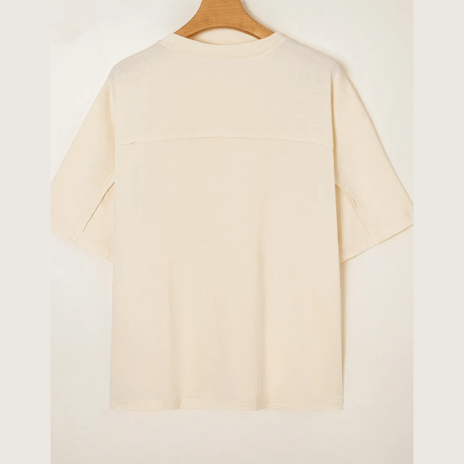 Dovie Apricot Flower Patched Exposed Stitching Trim Crew Neck Loose Tee