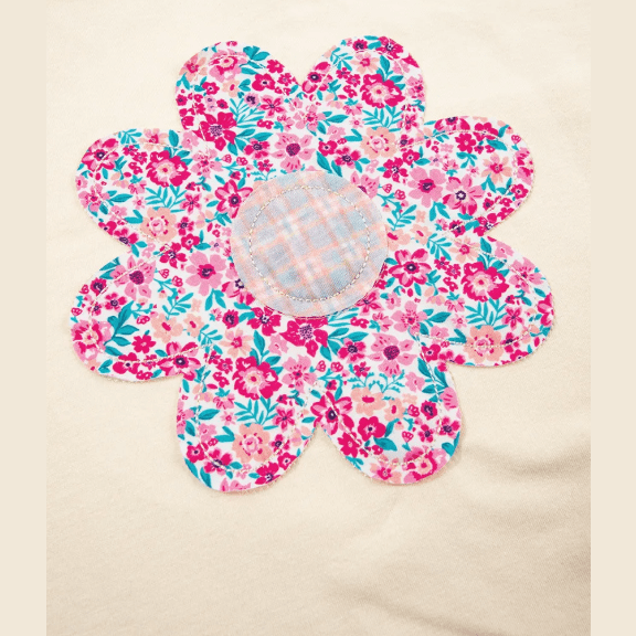 Dovie Apricot Flower Patched Exposed Stitching Trim Crew Neck Loose Tee