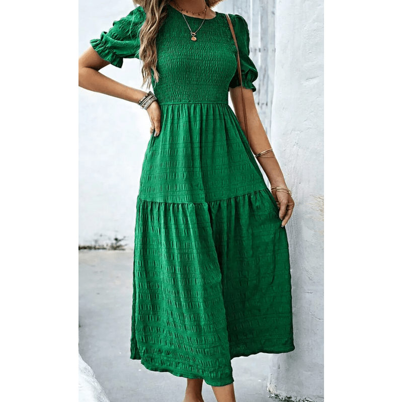 Freya Dark Green Textured Smocked Puff Short Sleeve High Waist Long Dress