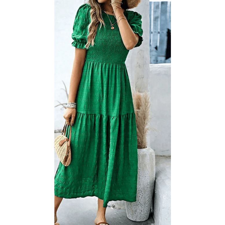 Freya Dark Green Textured Smocked Puff Short Sleeve High Waist Long Dress