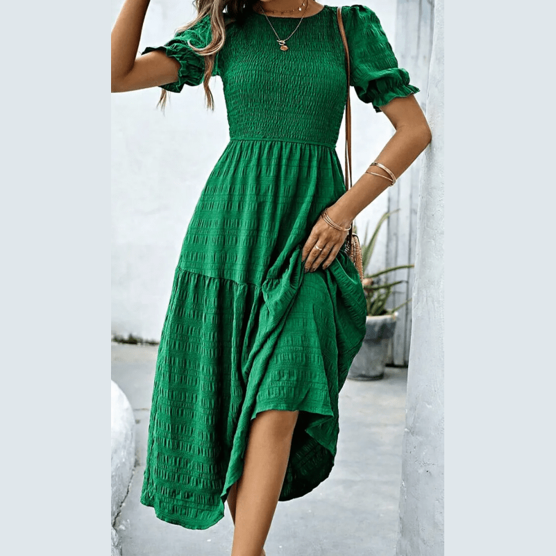 Freya Dark Green Textured Smocked Puff Short Sleeve High Waist Long Dress