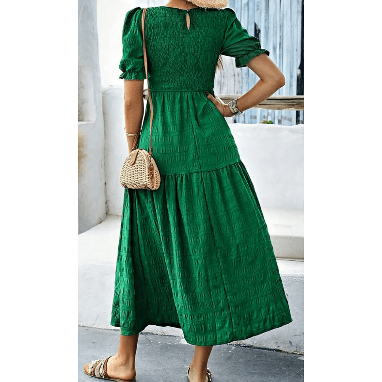 Freya Dark Green Textured Smocked Puff Short Sleeve High Waist Long Dress