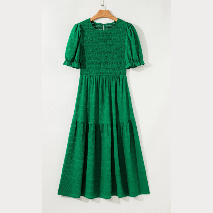 Freya Dark Green Textured Smocked Puff Short Sleeve High Waist Long Dress
