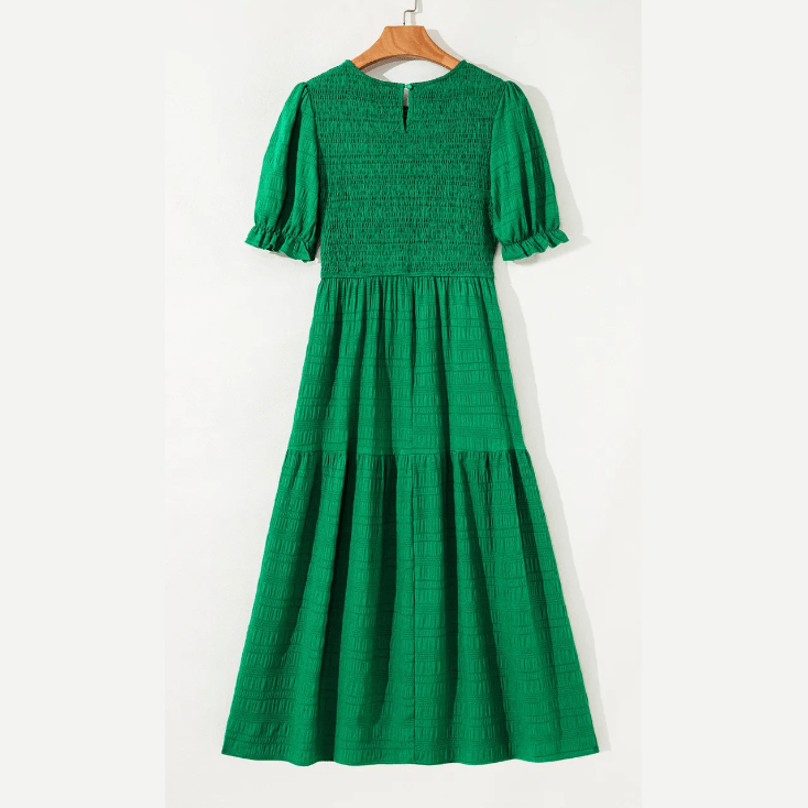 Freya Dark Green Textured Smocked Puff Short Sleeve High Waist Long Dress