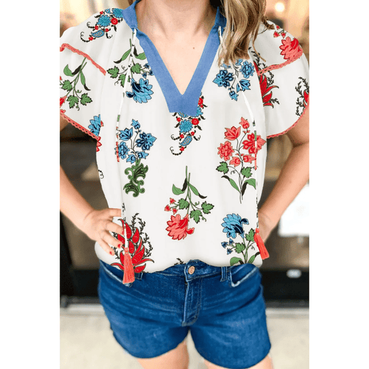 Marleigh White Floral Print Contrast V Neck Tassel Tie Lace Detail Short Sleeve Blouse