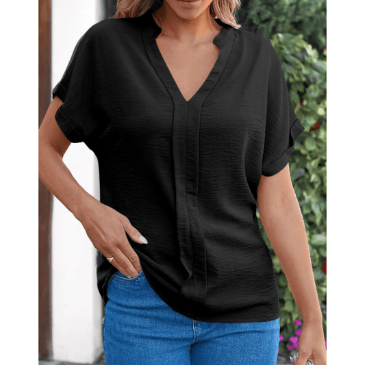 Jackee Black Notched Neck Batwing Sleeve Lightweight Blouse