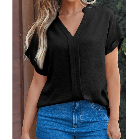 Jackee Black Notched Neck Batwing Sleeve Lightweight Blouse