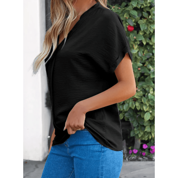 Jackee Black Notched Neck Batwing Sleeve Lightweight Blouse