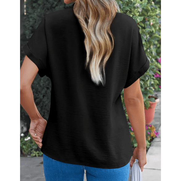 Jackee Black Notched Neck Batwing Sleeve Lightweight Blouse