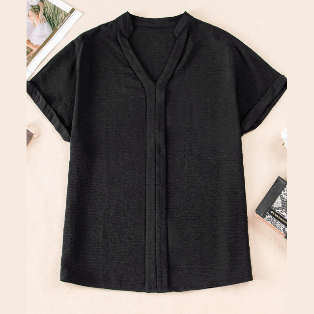 Jackee Black Notched Neck Batwing Sleeve Lightweight Blouse
